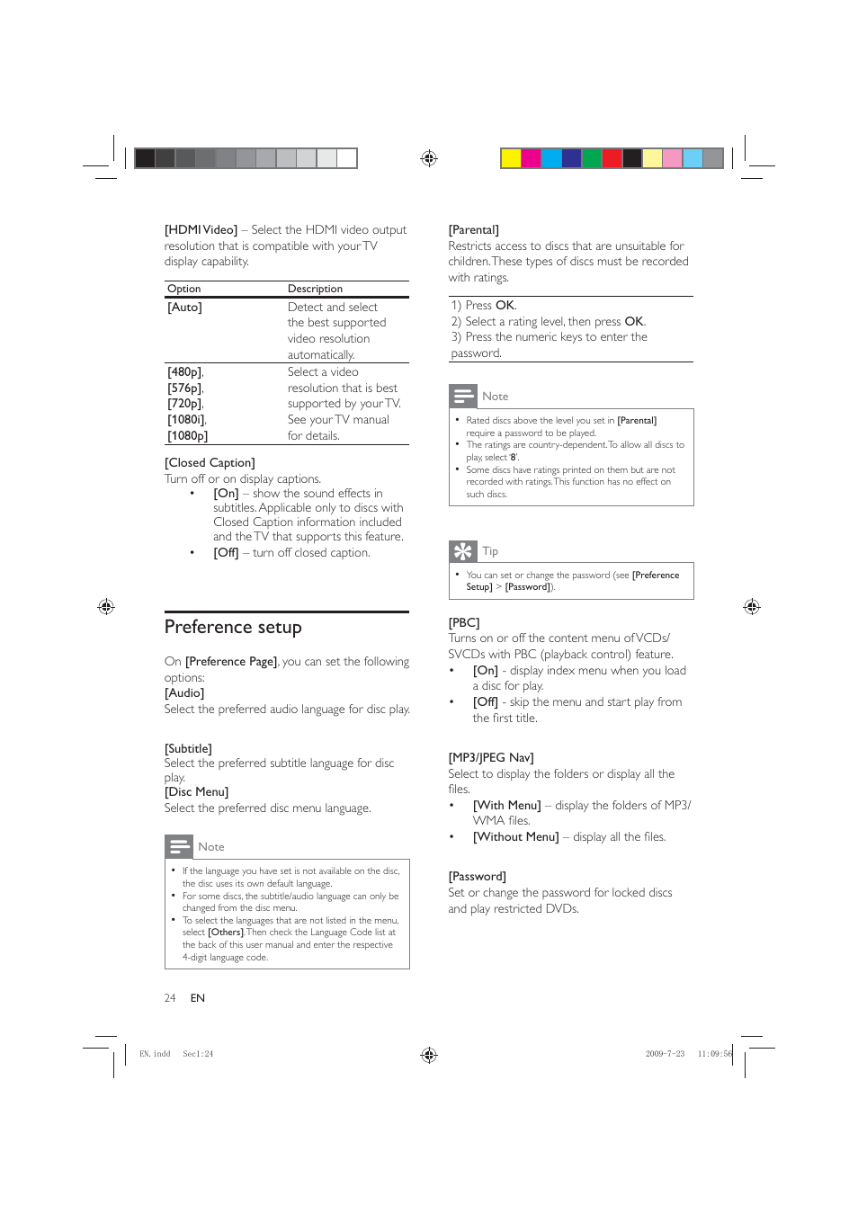 Preference setup | Philips HSB2351X User Manual | Page 24 / 36