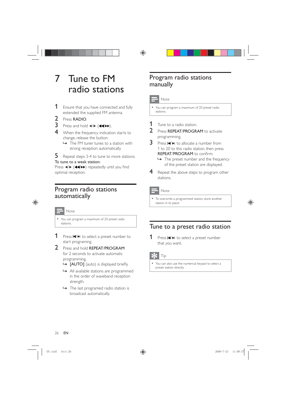 7 tune to fm radio stations, Program radio stations manually, Tune to a preset radio station 1 | Program radio stations automatically | Philips HSB2351X User Manual | Page 26 / 36