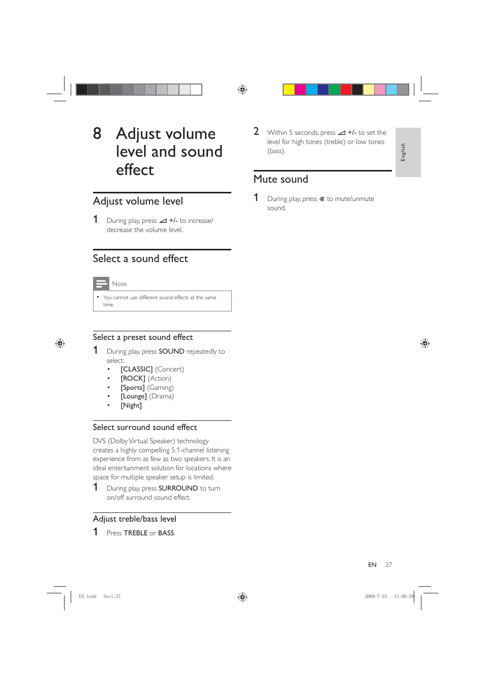 8 adjust volume level and sound effect, Mute sound 1, Adjust volume level 1 | Select a sound effect | Philips HSB2351X User Manual | Page 27 / 36