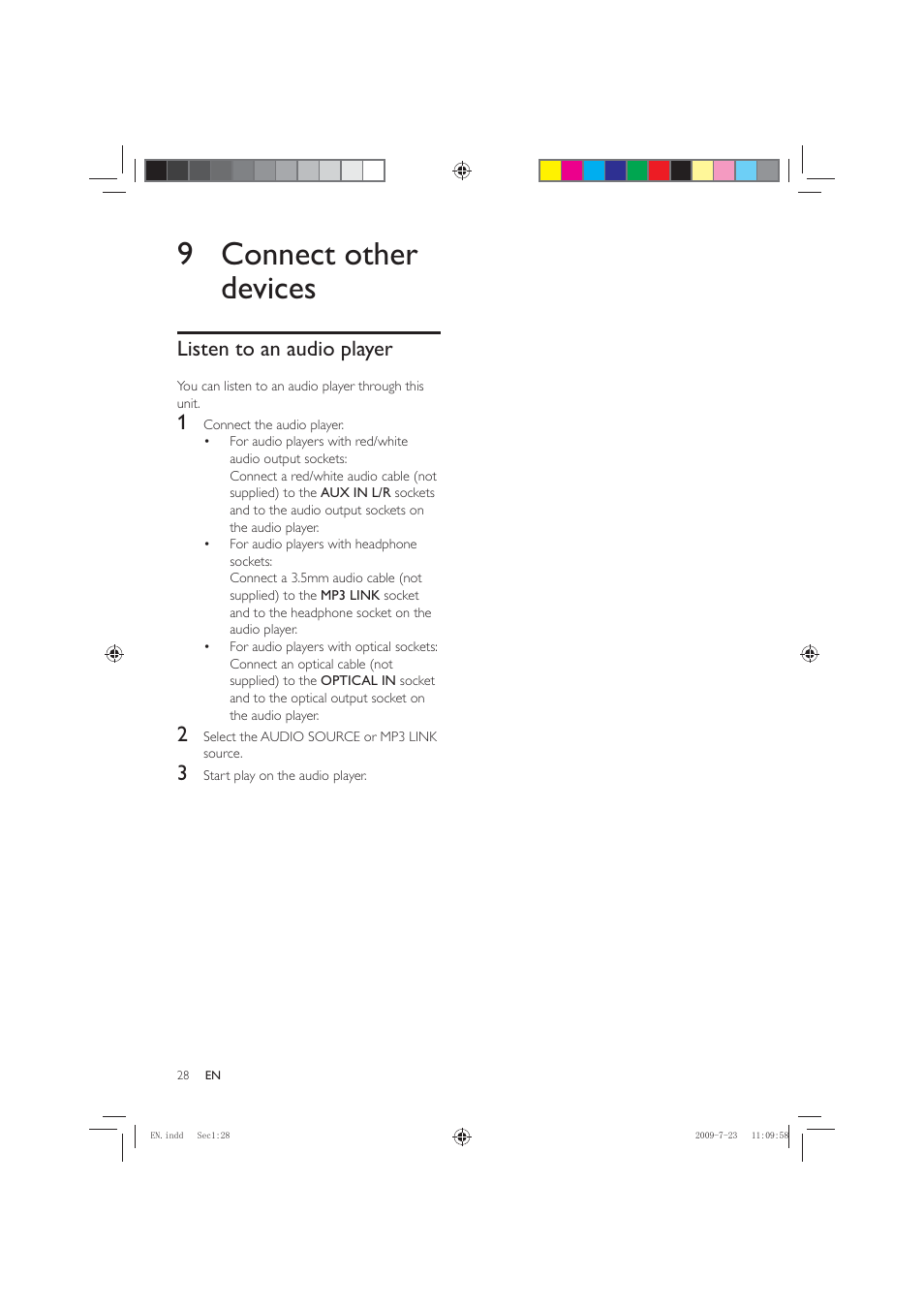 9 connect other devices, Listen to an audio player | Philips HSB2351X User Manual | Page 28 / 36