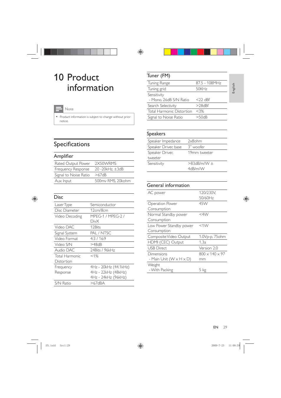 10 product information, Specià cations | Philips HSB2351X User Manual | Page 29 / 36