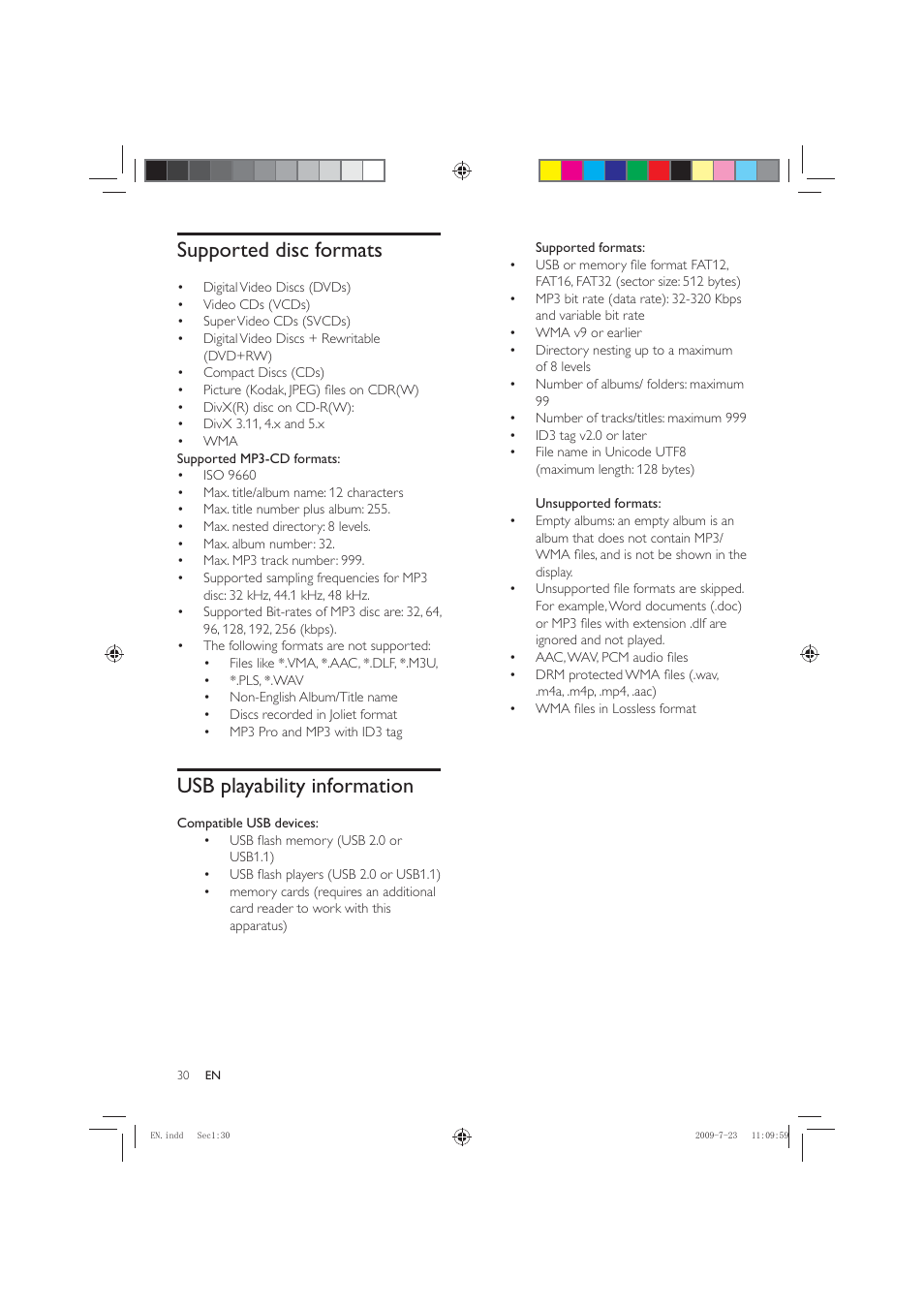 Supported disc formats, Usb playability information | Philips HSB2351X User Manual | Page 30 / 36