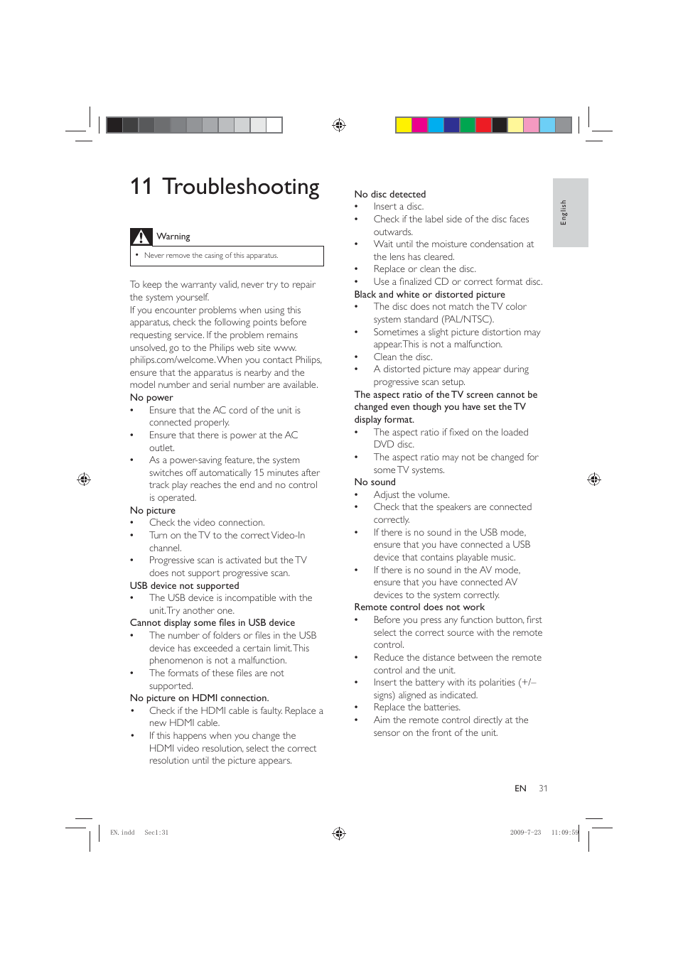 11 troubleshooting | Philips HSB2351X User Manual | Page 31 / 36