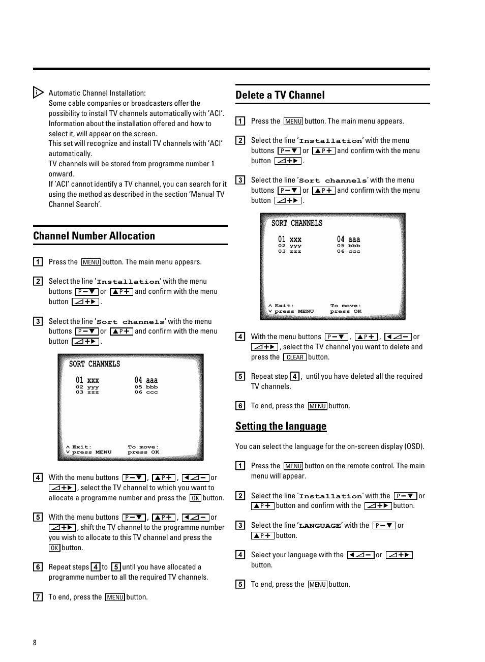 Channel number allocation, Delete a tv channel, Setting the language | Philips 14PV340/05 User Manual | Page 10 / 28