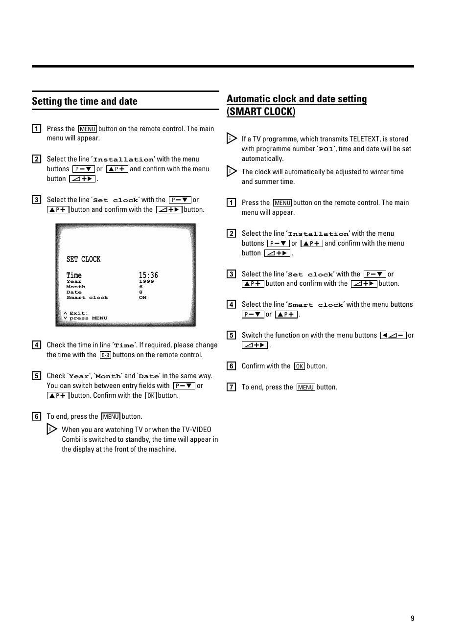 Setting the time and date, Automatic clock and date setting (smart clock) | Philips 14PV340/05 User Manual | Page 11 / 28