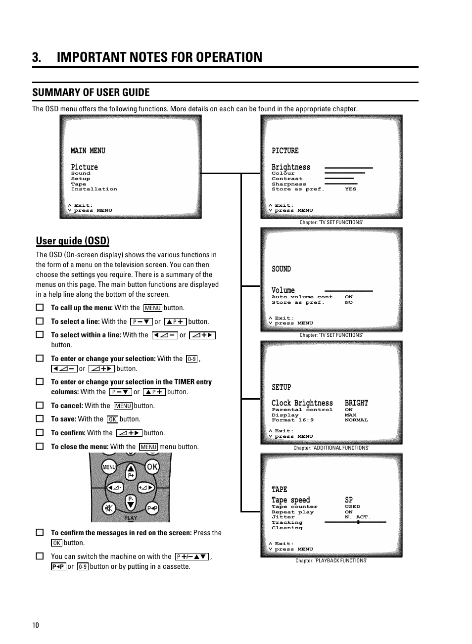 Important notes for operation, Summary of user guide, User guide (osd) | Philips 14PV340/05 User Manual | Page 12 / 28