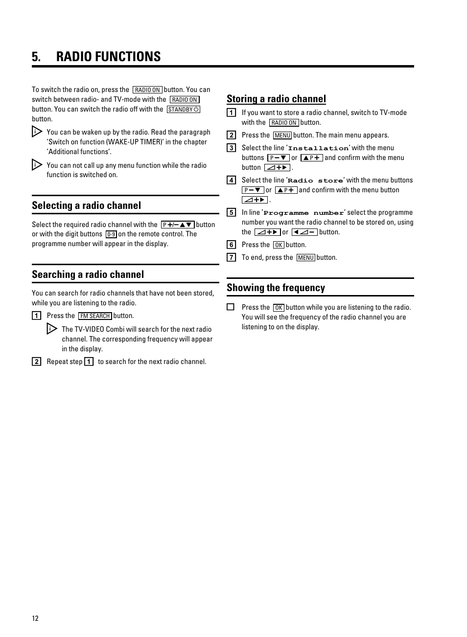 Radio functions, Selecting a radio channel, Searching a radio channel | Storing a radio channel, Showing the frequency | Philips 14PV340/05 User Manual | Page 14 / 28