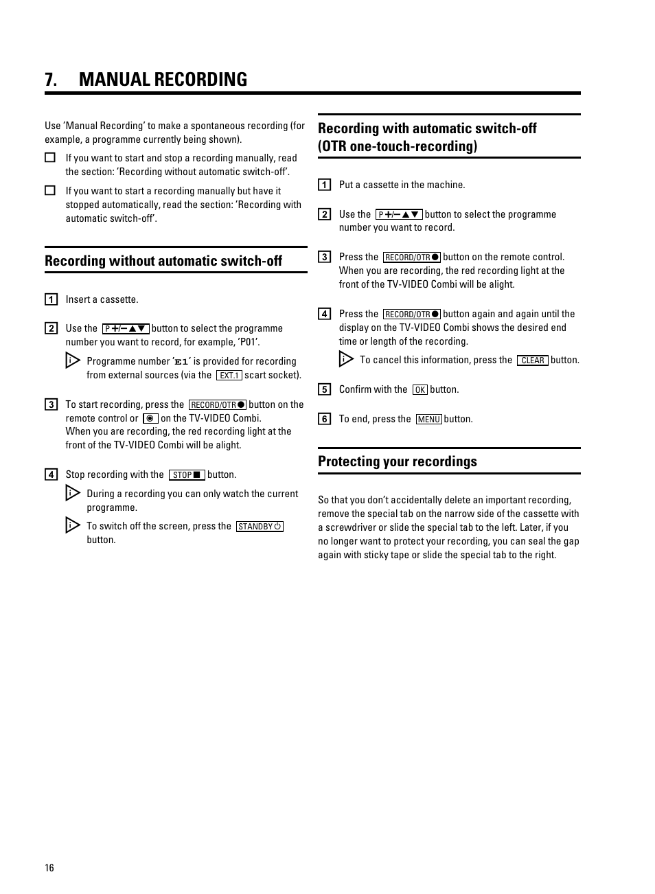 Manual recording, Recording without automatic switch-off, Protecting your recordings | Philips 14PV340/05 User Manual | Page 18 / 28