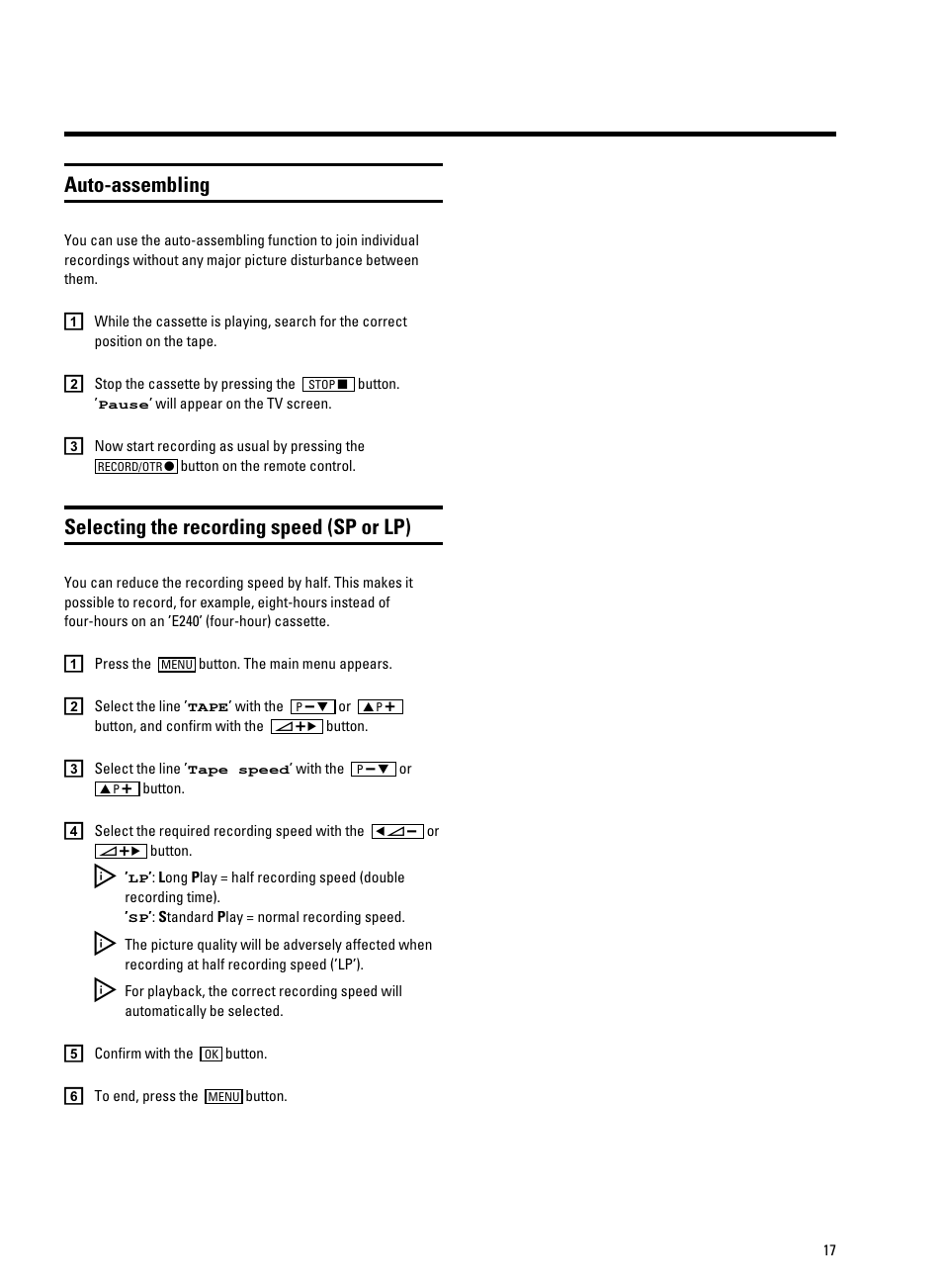 Auto-assembling, Selecting the recording speed (sp or lp) | Philips 14PV340/05 User Manual | Page 19 / 28