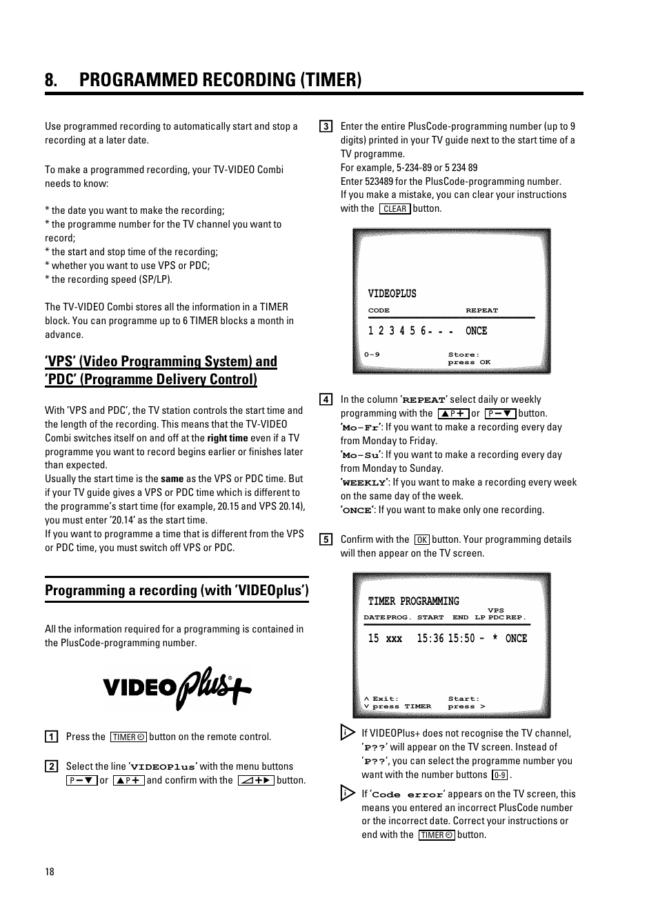 Programmed recording (timer), Programming a recording (with ’videoplus’) | Philips 14PV340/05 User Manual | Page 20 / 28