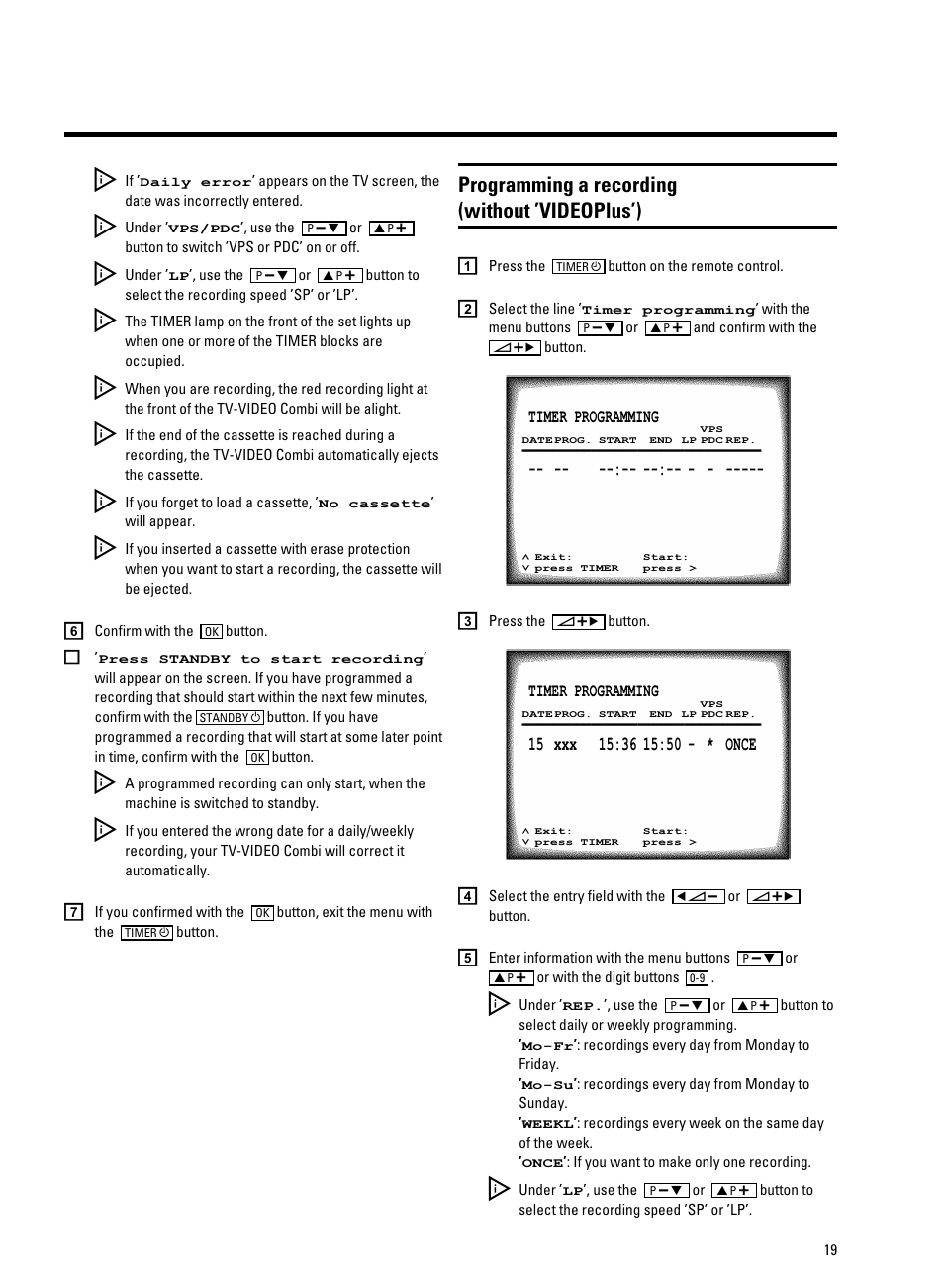 Programming a recording (without ’videoplus’) | Philips 14PV340/05 User Manual | Page 21 / 28