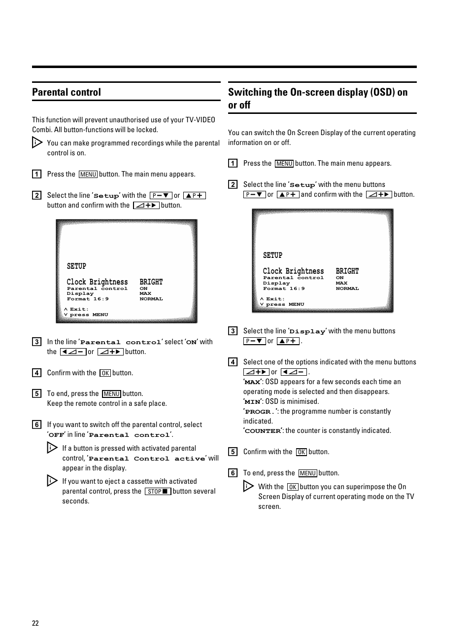 Parental control, Switching the on-screen display (osd) on or off | Philips 14PV340/05 User Manual | Page 24 / 28