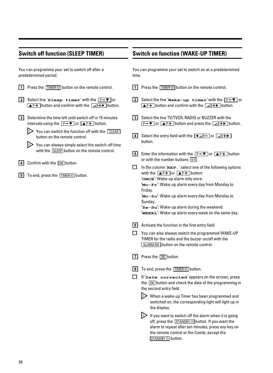 Switch off function (sleep timer), Switch on function (wake-up timer) | Philips 14PV340/05 User Manual | Page 26 / 28