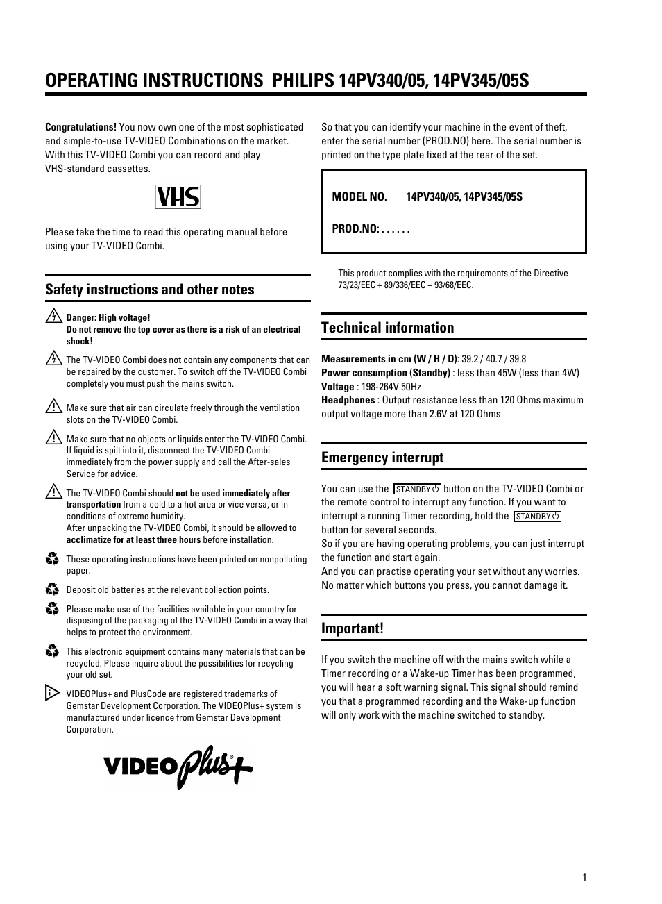 Technical information, Emergency interrupt, Important | Philips 14PV340/05 User Manual | Page 4 / 28