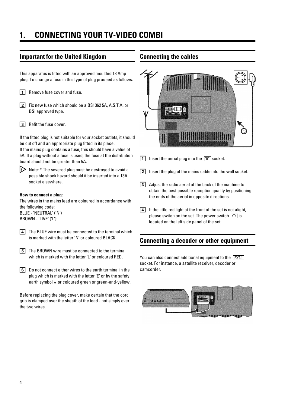 Connecting your tv-video combi, Connecting the cables, Connecting a decoder or other equipment | Important for the united kingdom | Philips 14PV340/05 User Manual | Page 6 / 28