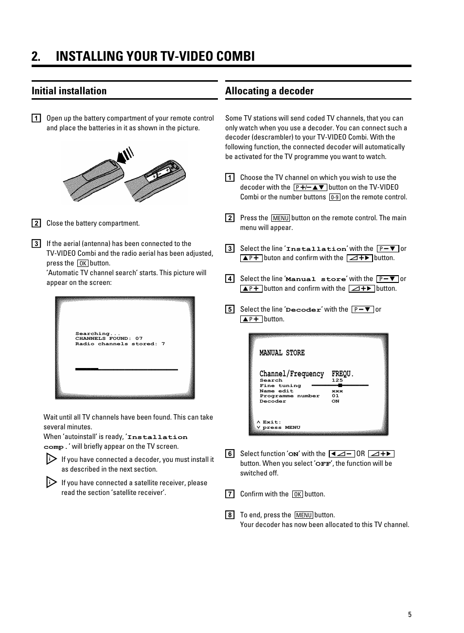 Installing your tv-video combi, Initial installation, Allocating a decoder | Philips 14PV340/05 User Manual | Page 7 / 28