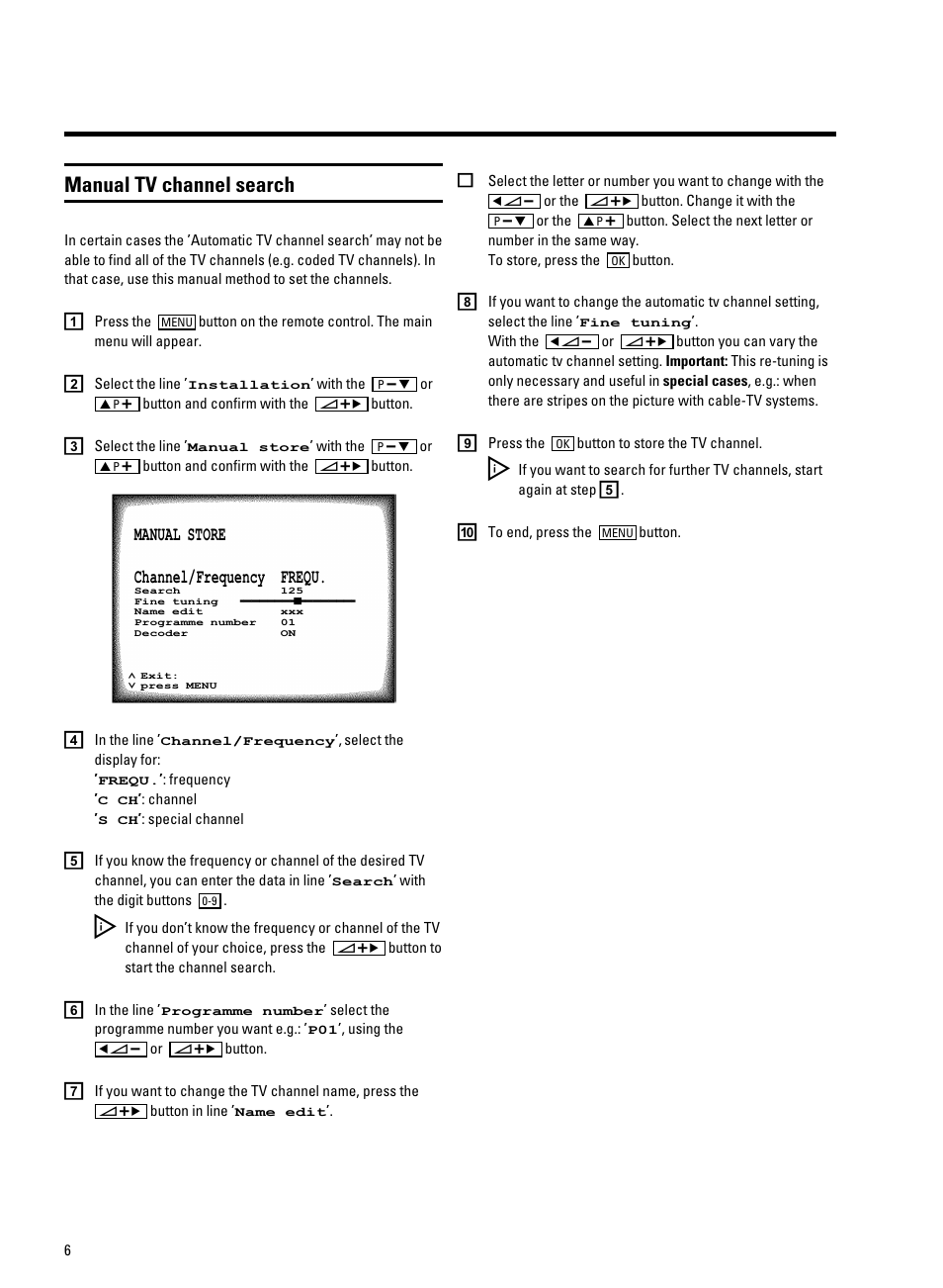 Manual tv channel search | Philips 14PV340/05 User Manual | Page 8 / 28