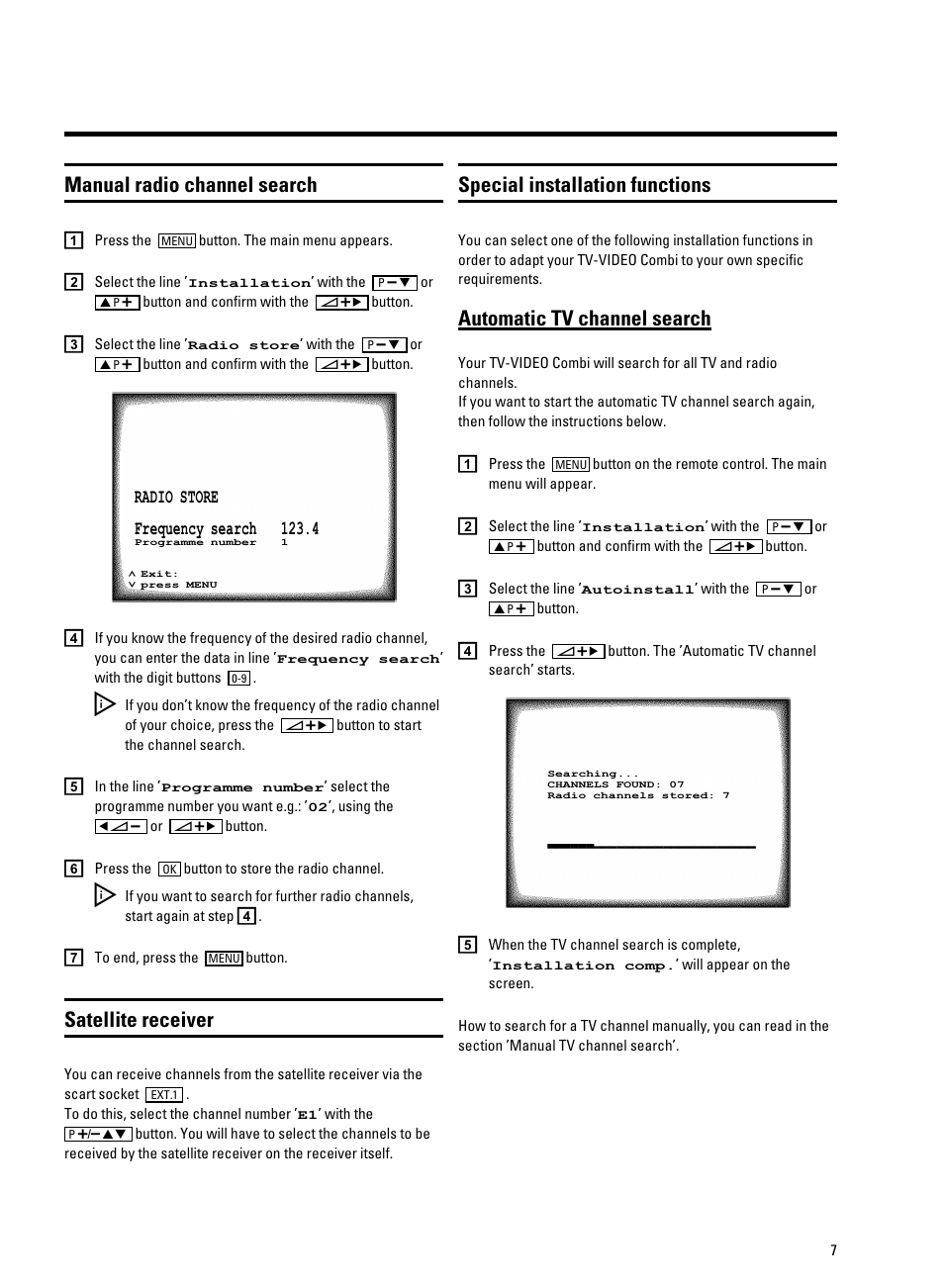 Manual radio channel search, Satellite receiver, Special installation functions | Automatic tv channel search | Philips 14PV340/05 User Manual | Page 9 / 28