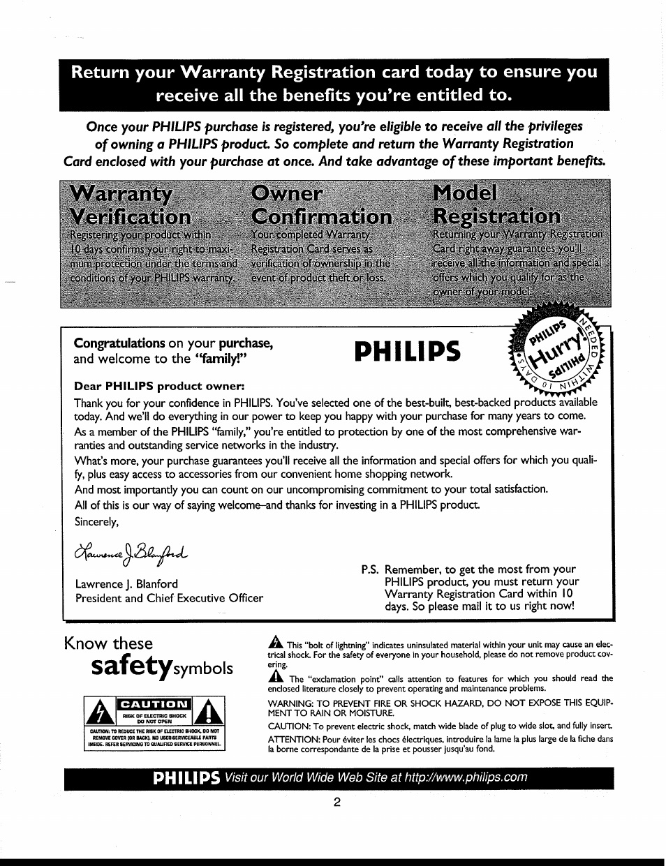 Dear philips product owner, Philips, S3.f©ty | Warranty yerification, Owner confirmation, Model v registration, Know these, Symbols | Philips 312123521121 User Manual | Page 2 / 56