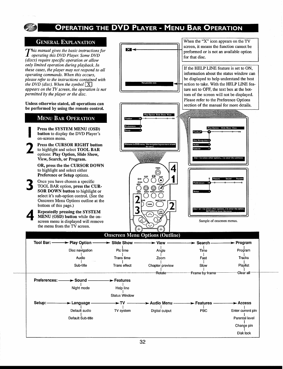 General explanation, Menu bar operation, Tool bar | Preferences, Setup, Sound, Language, Features, Audio menu, Access | Philips 312123521121 User Manual | Page 32 / 56