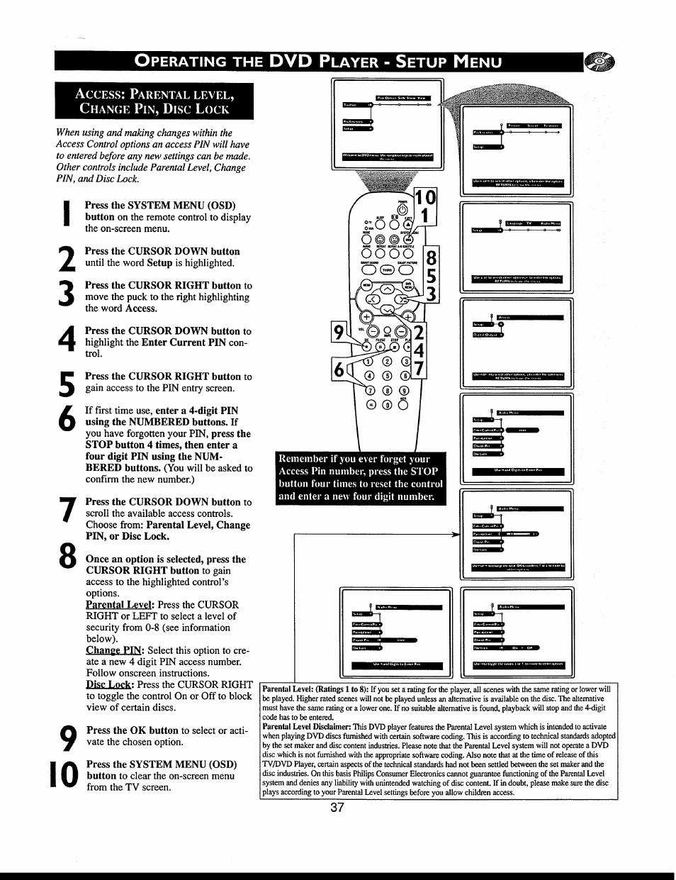 Access: parental level, chance pin, disc lock, Access, Parental level, change pin, disc lock) | Z,o o | Philips 312123521121 User Manual | Page 37 / 56