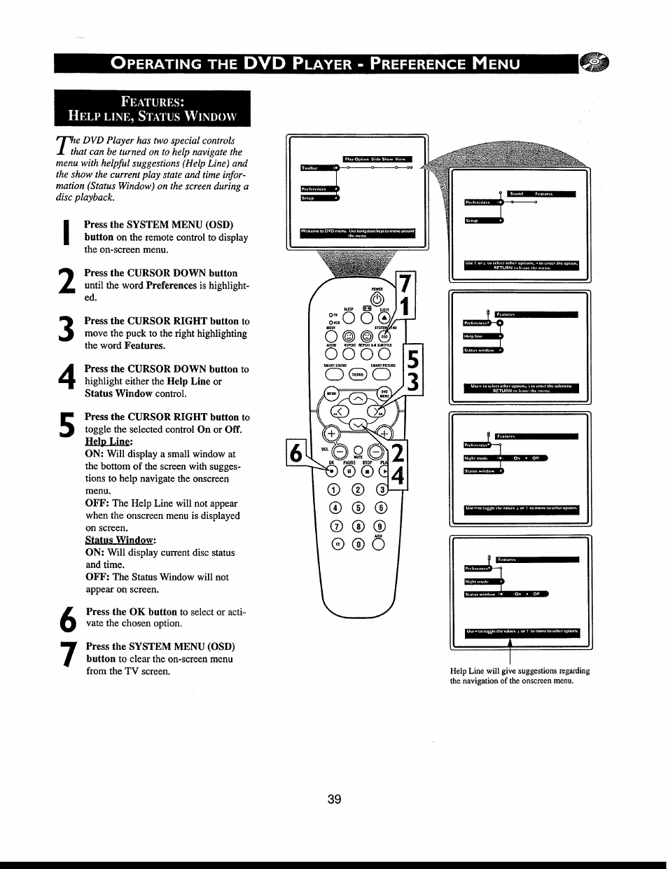 Features, Help line, status window, Help line, status window) | Ài ^ © © g © © © © © © © © © © © ò | Philips 312123521121 User Manual | Page 39 / 56