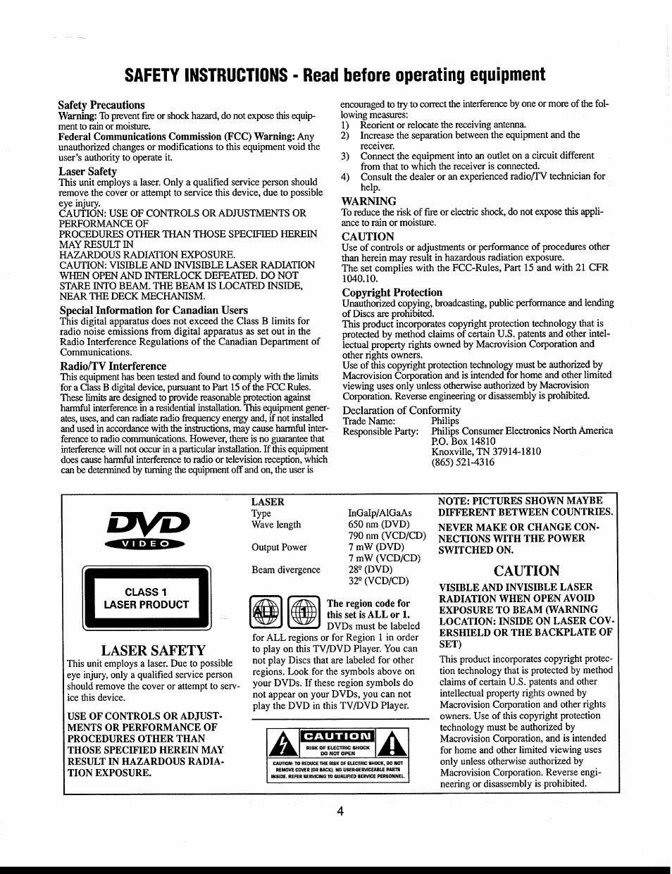 Safety precautions, Laser safety, Special information for canadian users | Radio/tv interference, Warning, Caution, Copyright protection | Philips 312123521121 User Manual | Page 4 / 56