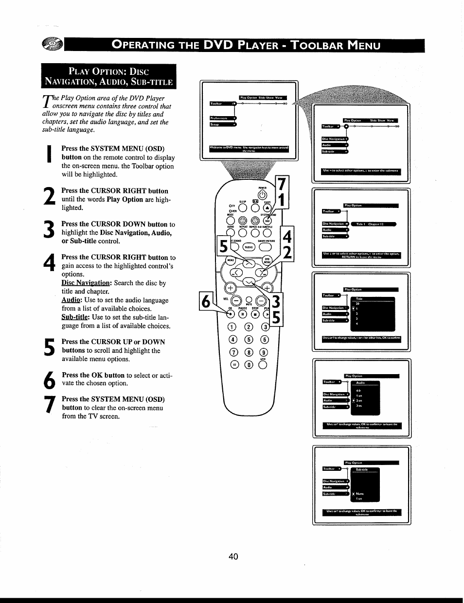 Play option: disc navic.ation, audio, sub-title, Play option, Disc navigation, audio, sub-title) | Philips 312123521121 User Manual | Page 40 / 56