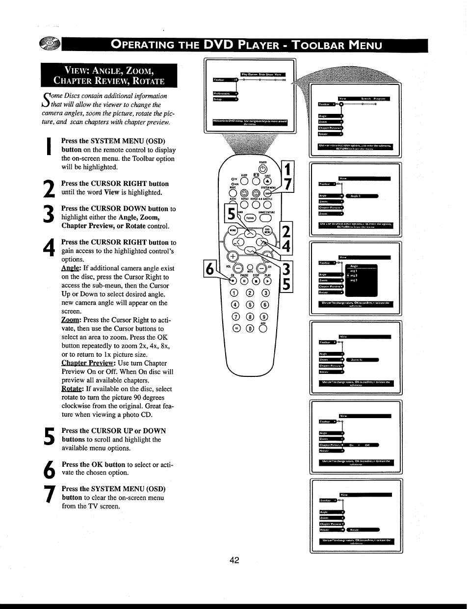 View: angle, zoom, chapter review, rotate, View, Angle, zoom, chapter review, rotate) | Philips 312123521121 User Manual | Page 42 / 56