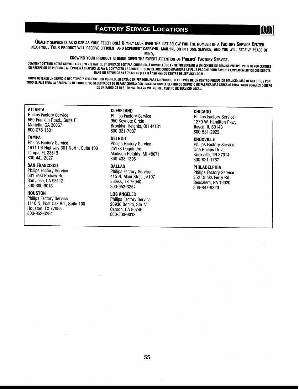 Factory service locations, Factory service information, Actory | Ervice, Ocations | Philips 312123521121 User Manual | Page 55 / 56