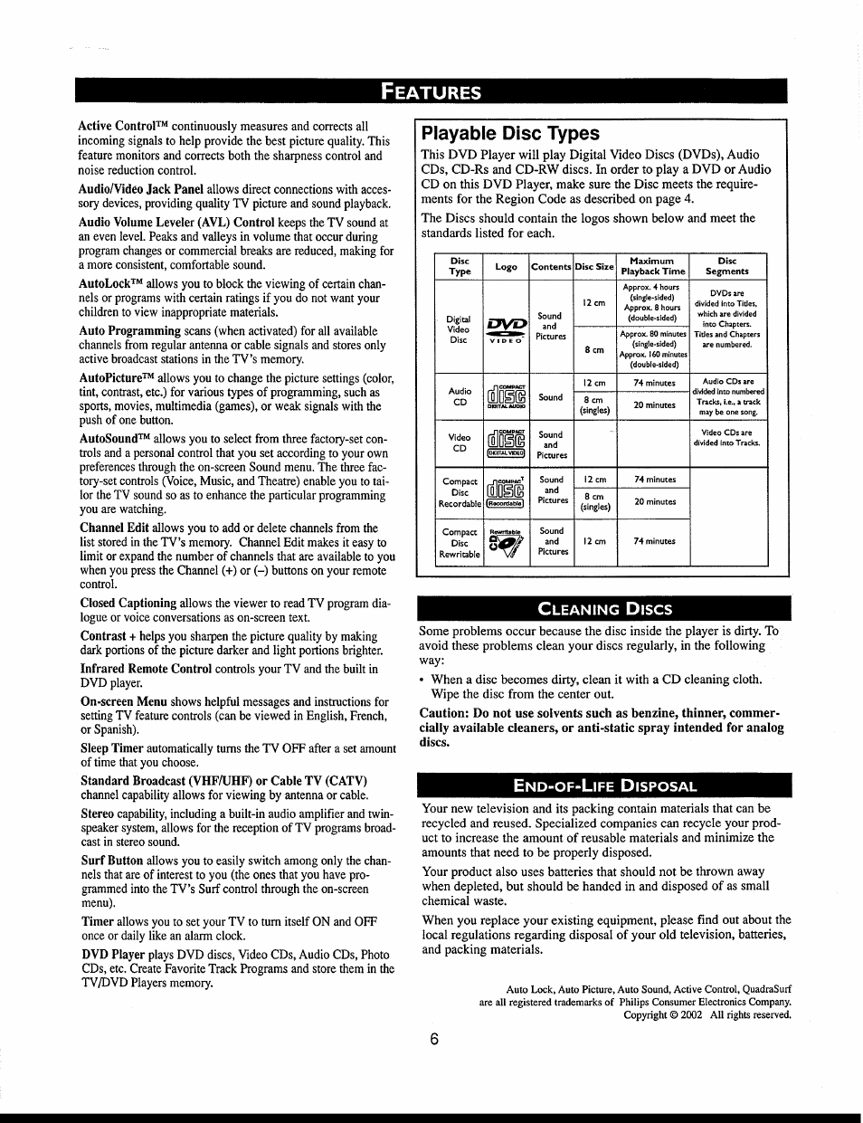 Playable disc types, Eatures, Leaning | Iscs, Isposal | Philips 312123521121 User Manual | Page 6 / 56