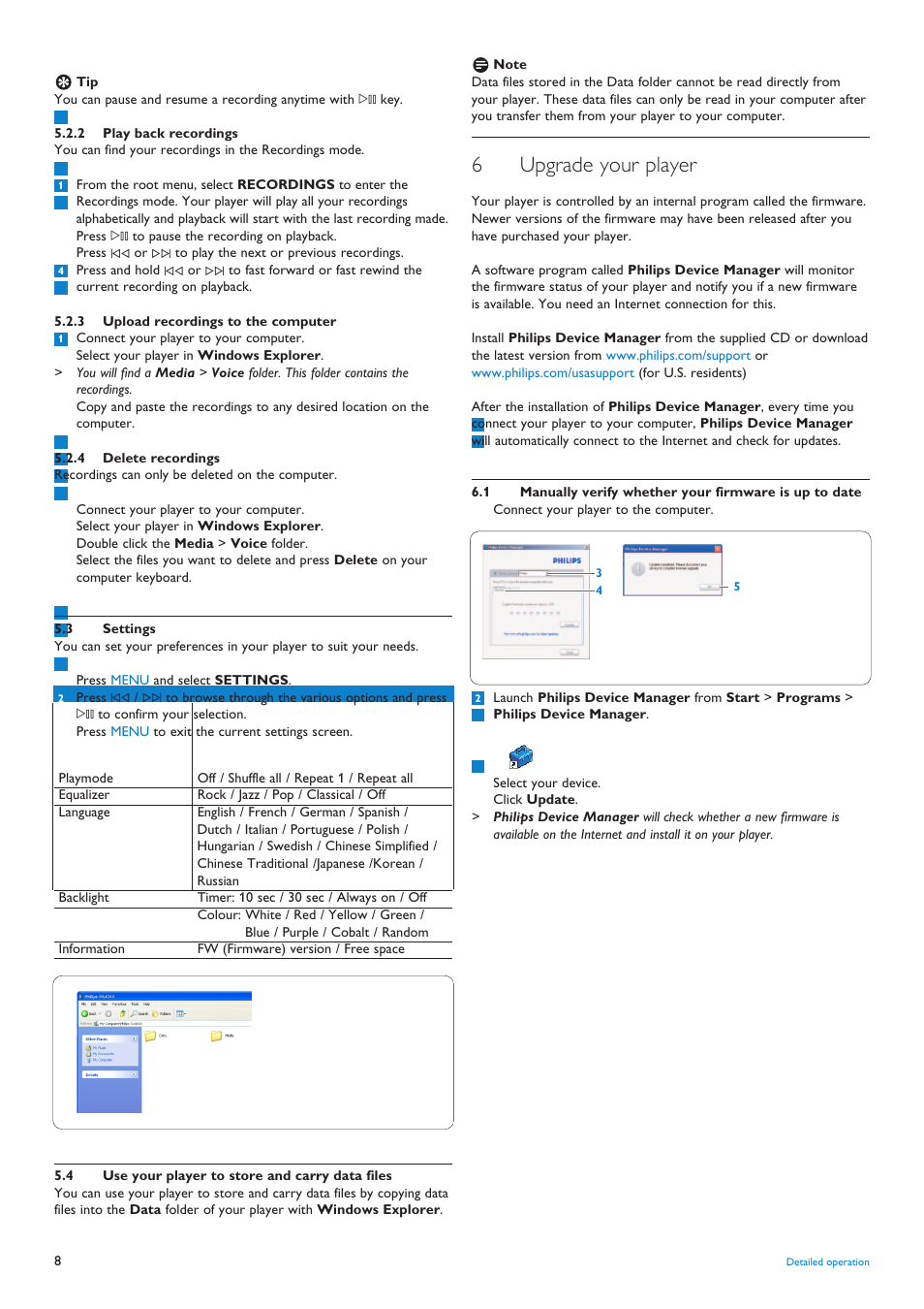 2 play back recordings, 3 upload recordings to t, 4 delete recordings | 3 settings, 1 use your player to sto, 6 upgrade your player, 1 manually verify whether, 3 upload recordings to the computer, Settings, 1 use your player to store and carry data files | Philips audio player SA4000 series User Manual | Page 10 / 16