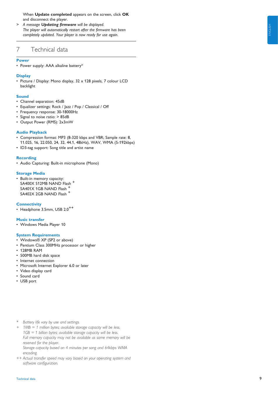 7 technical data, Technical data, 7technical data | Philips audio player SA4000 series User Manual | Page 11 / 16