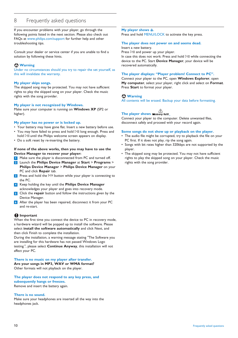 8 frequently asked questions, Frequently asked questions, 8frequently asked questions | Philips audio player SA4000 series User Manual | Page 12 / 16