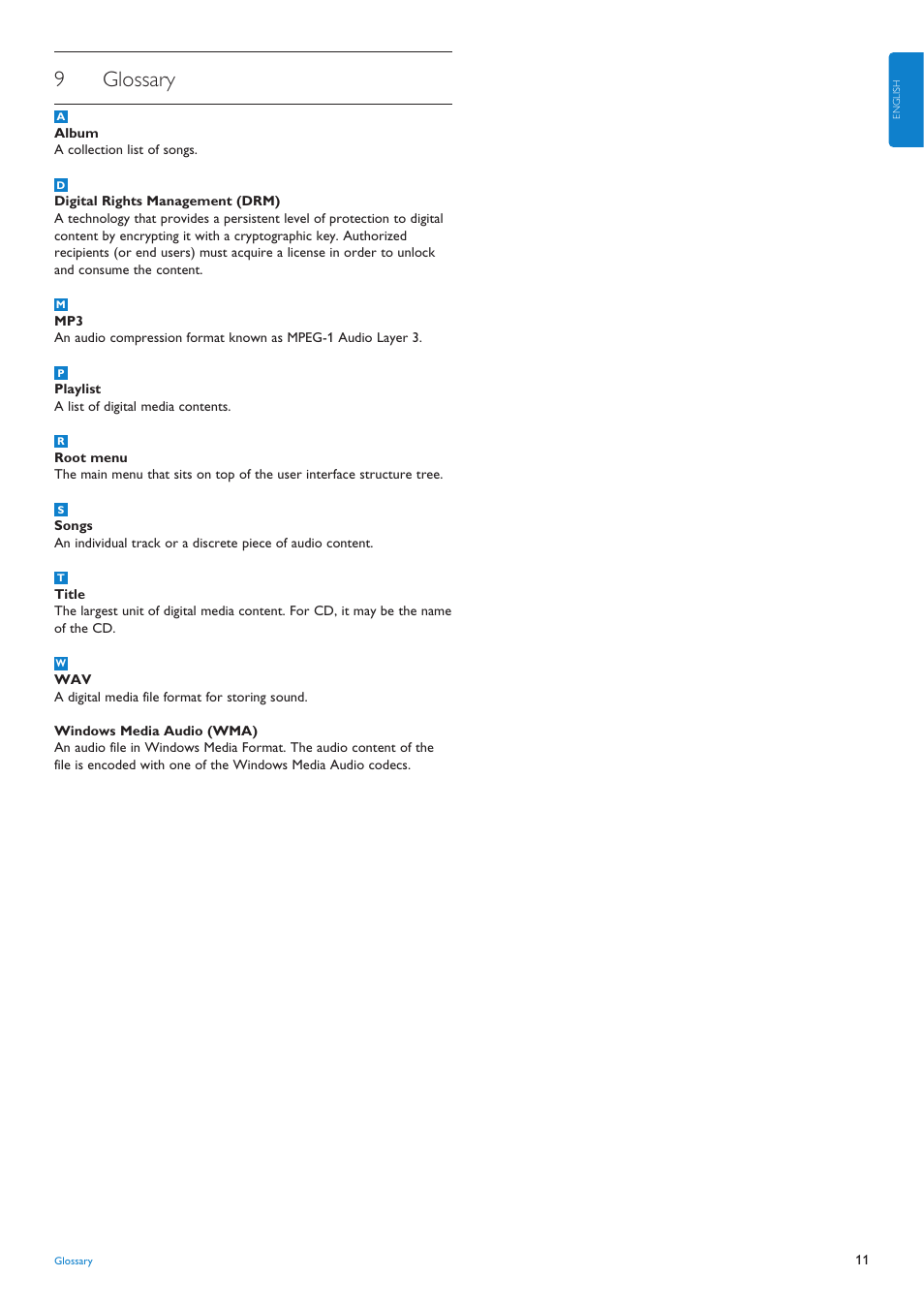 9 glossary, Glossary, 9glossary | Philips audio player SA4000 series User Manual | Page 13 / 16