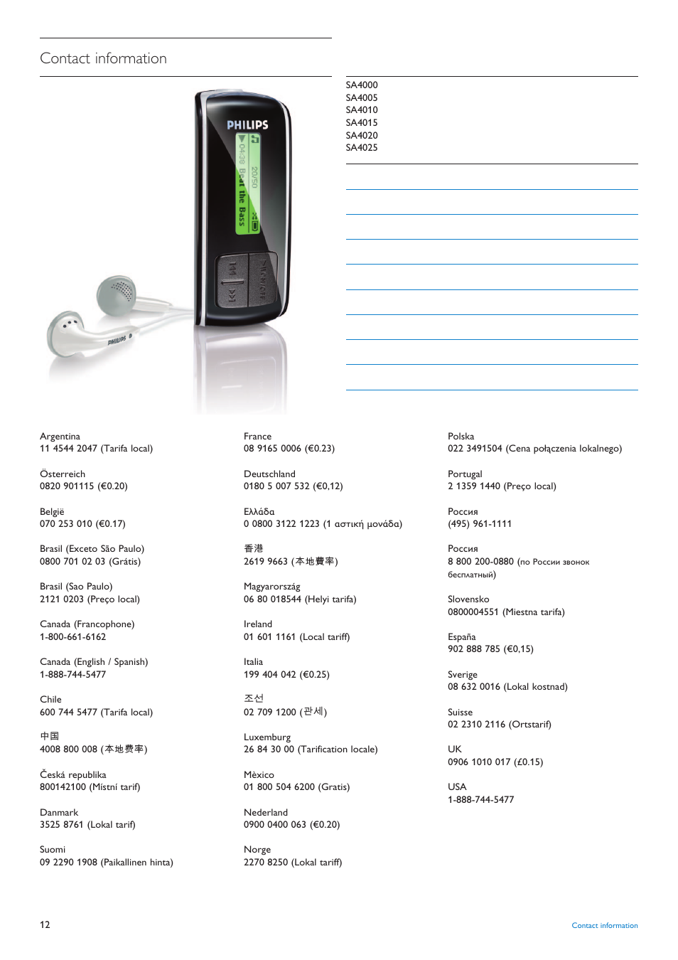 Contact information | Philips audio player SA4000 series User Manual | Page 14 / 16