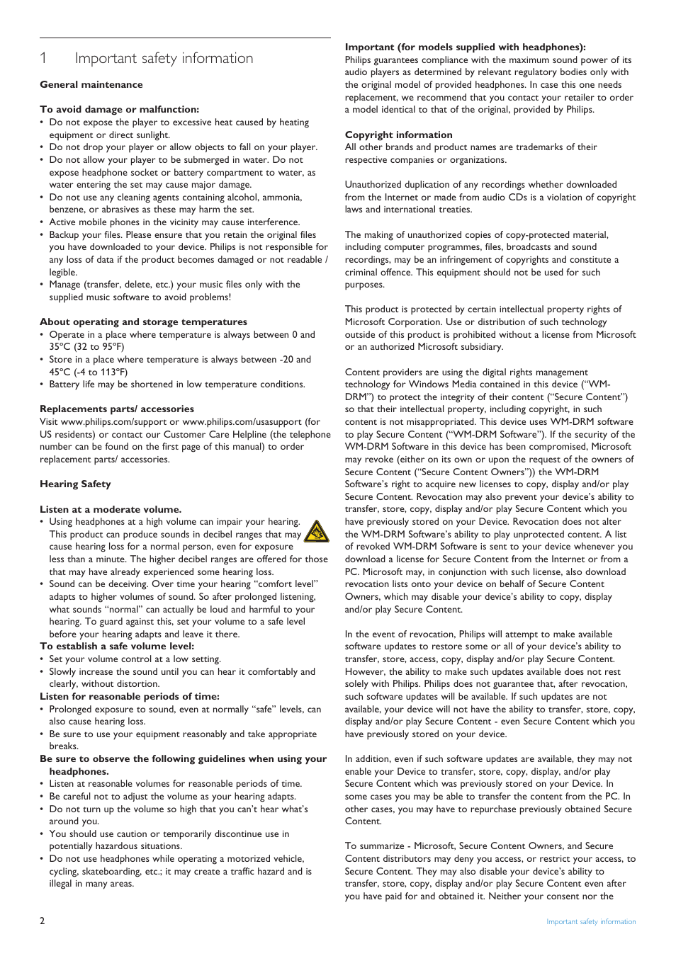 1 important safety information, Important safety information, 1important safety information | Philips audio player SA4000 series User Manual | Page 4 / 16