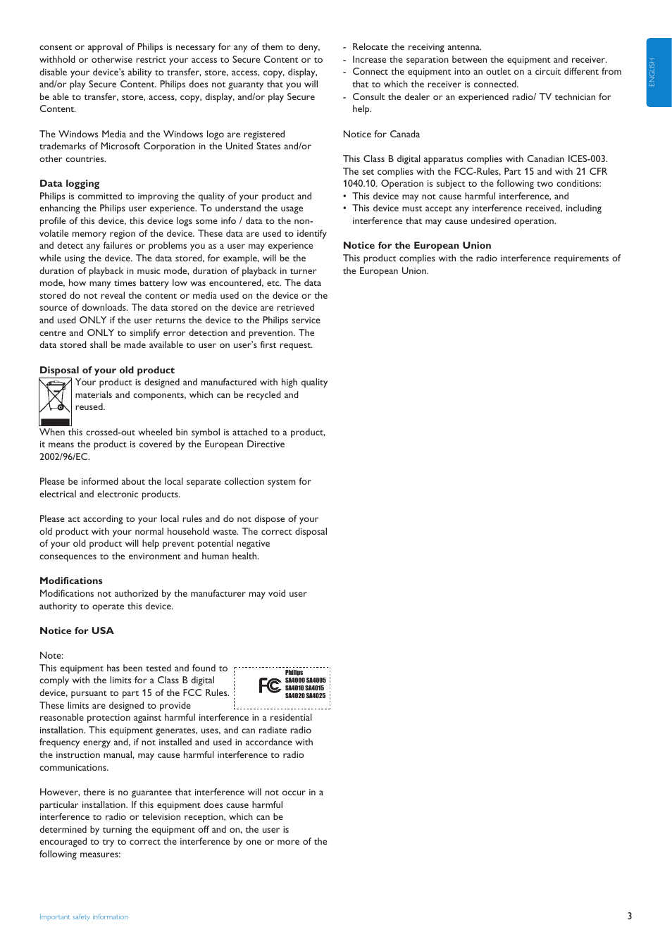 Philips audio player SA4000 series User Manual | Page 5 / 16
