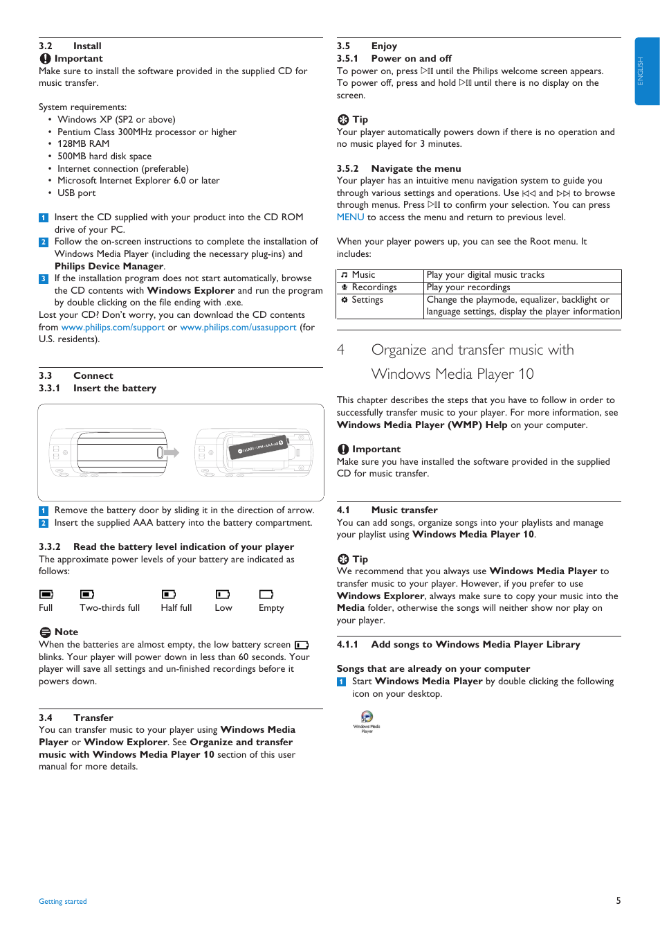 2 install, 3 connect, 1 insert the battery | 2 read the battery level, 4 transfer, 5 enjoy, 1 power on and off, 2 navigate the menu, 4 organize and transfer musi, 1 music transfer | Philips audio player SA4000 series User Manual | Page 7 / 16