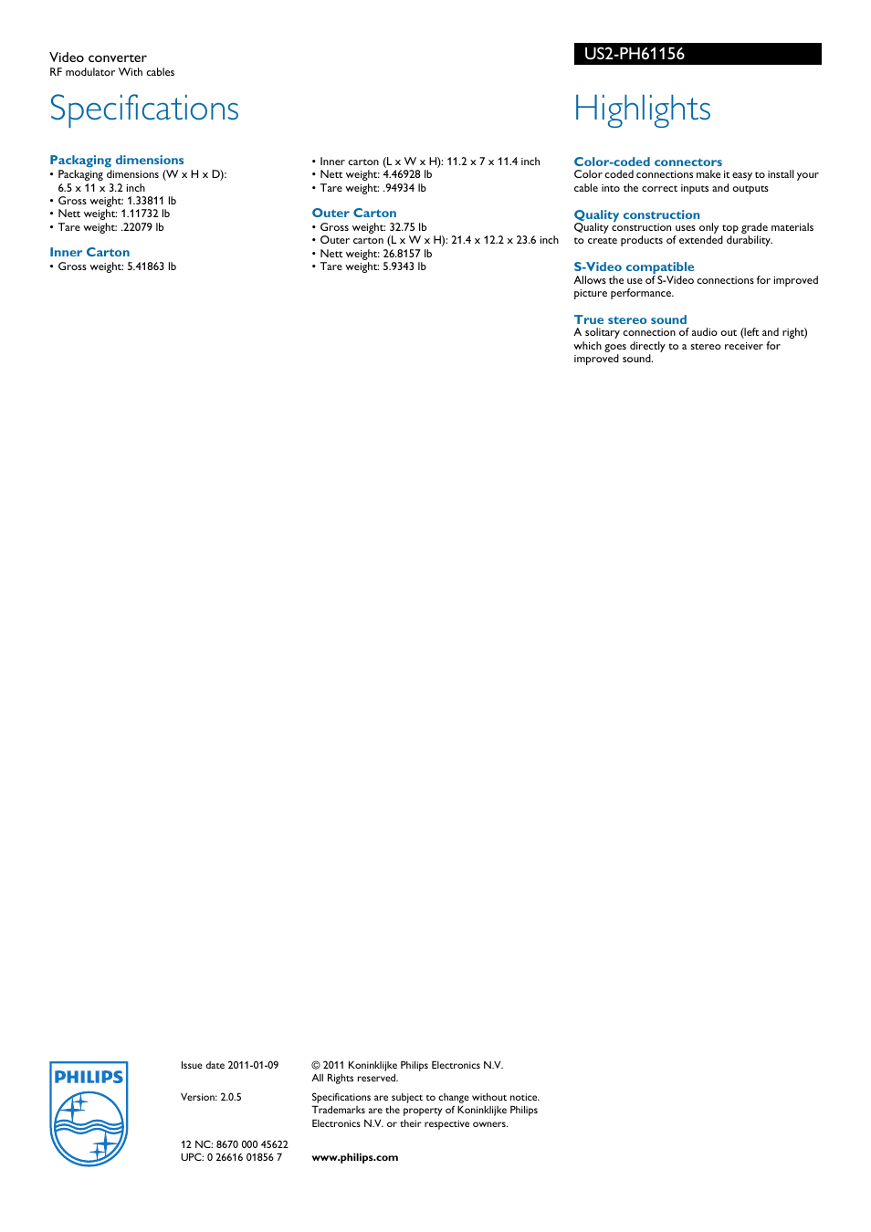 Philips, Specifications, Highlights | Philips US2-PH61156 User Manual | Page 2 / 2