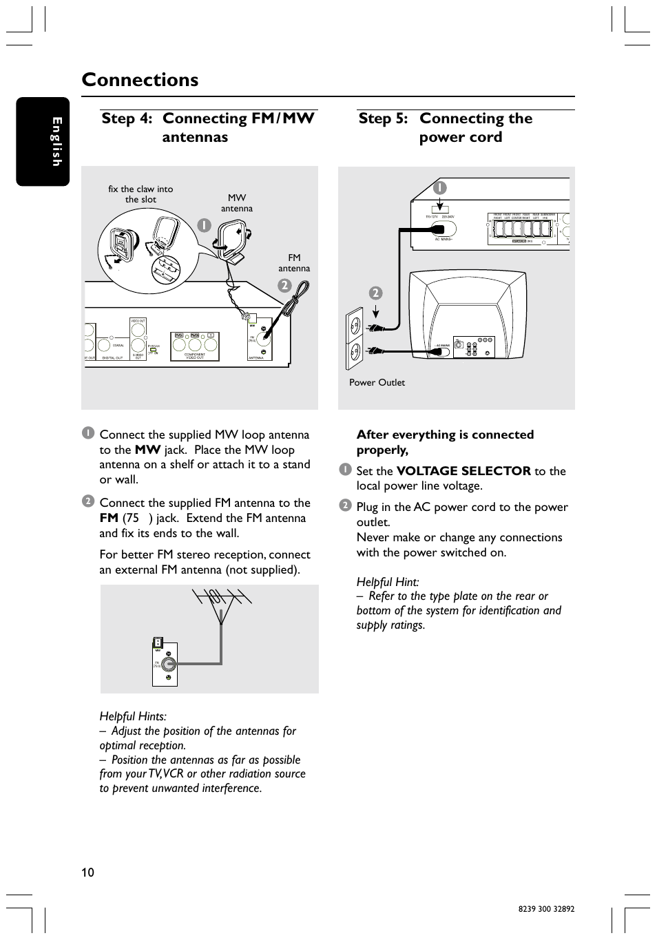 Connections, English | Philips 78 User Manual | Page 10 / 37