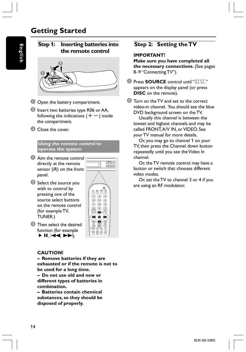 Getting started, Step 2: setting the tv | Philips 78 User Manual | Page 14 / 37