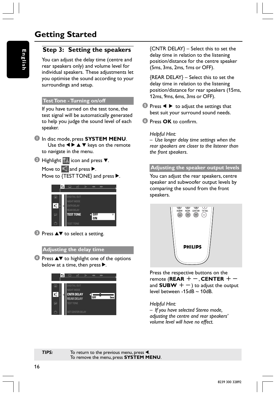 Getting started, Step 3: setting the speakers | Philips 78 User Manual | Page 16 / 37