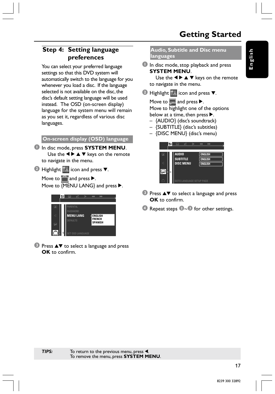 Getting started, Step 4: setting language preferences | Philips 78 User Manual | Page 17 / 37