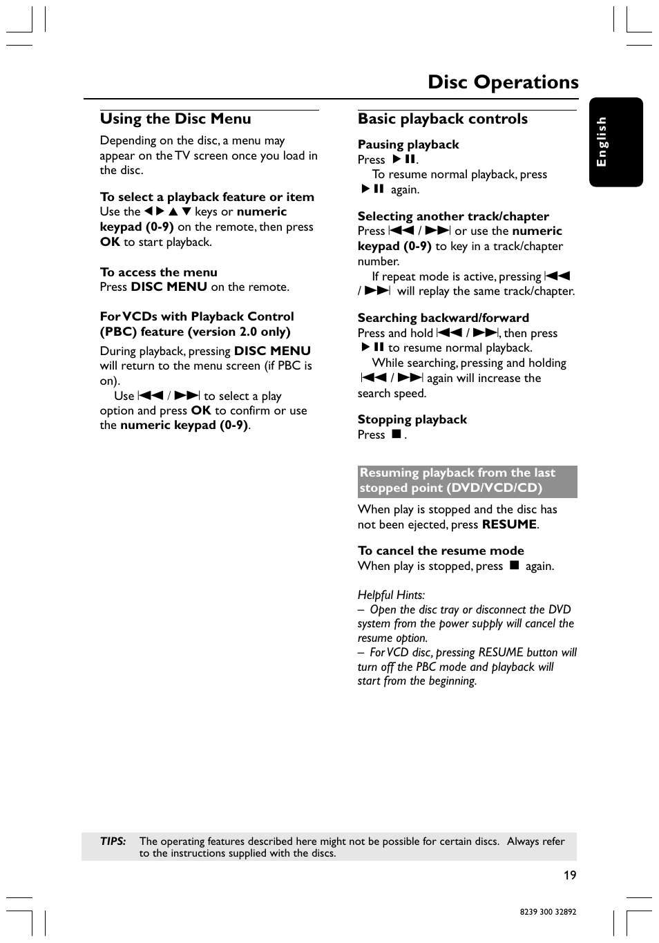 Disc operations, Using the disc menu, Basic playback controls | Philips 78 User Manual | Page 19 / 37