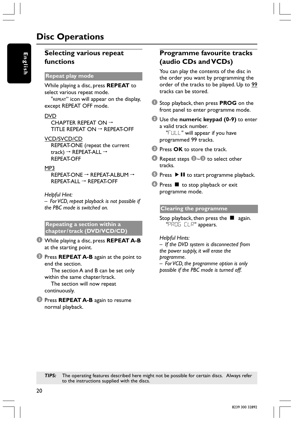 Disc operations, Selecting various repeat functions, Programme favourite tracks (audio cds and vcds) | Philips 78 User Manual | Page 20 / 37