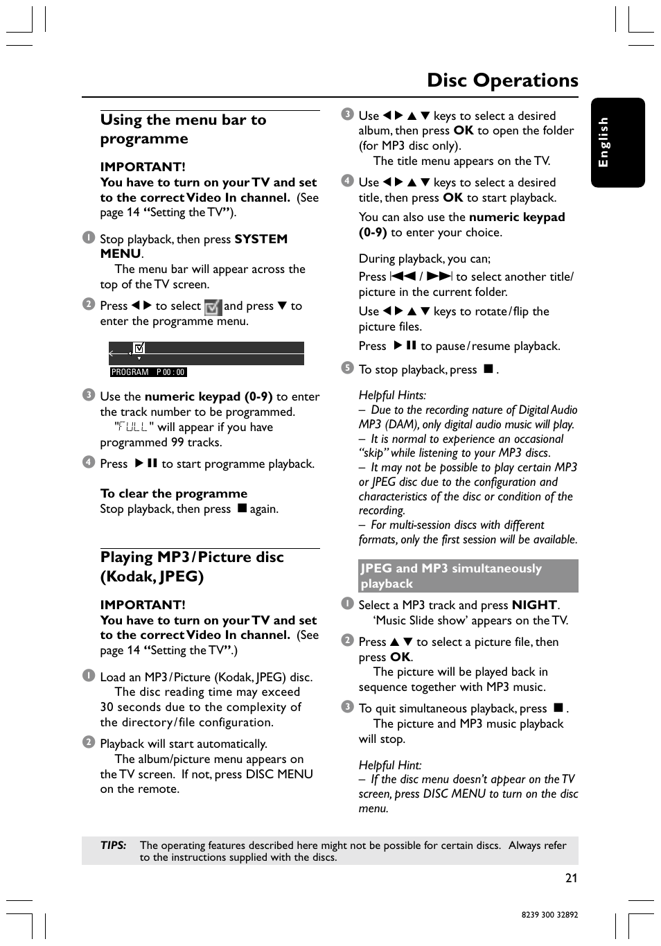 Disc operations, Using the menu bar to programme, Playing mp3 / picture disc (kodak, jpeg) | Philips 78 User Manual | Page 21 / 37