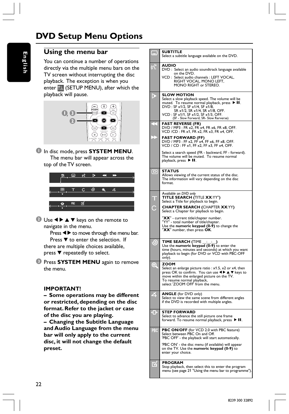 Dvd setup menu options, Using the menu bar | Philips 78 User Manual | Page 22 / 37