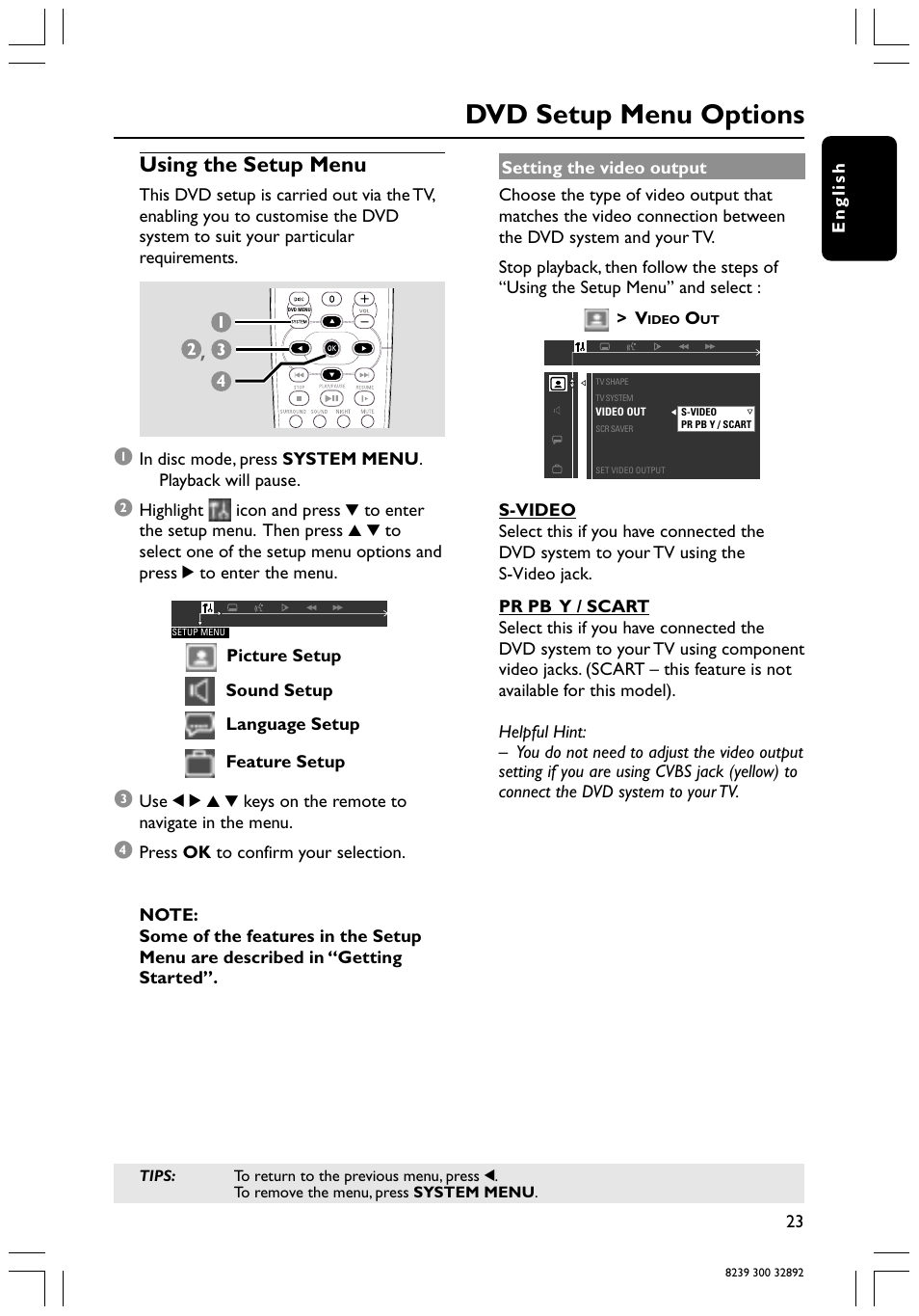 Dvd setup menu options, Using the setup menu | Philips 78 User Manual | Page 23 / 37