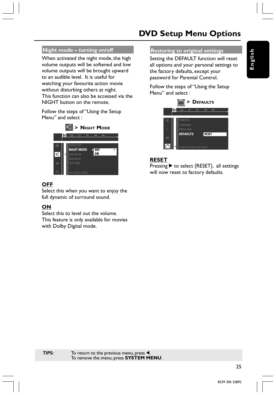 Dvd setup menu options, English 25 | Philips 78 User Manual | Page 25 / 37